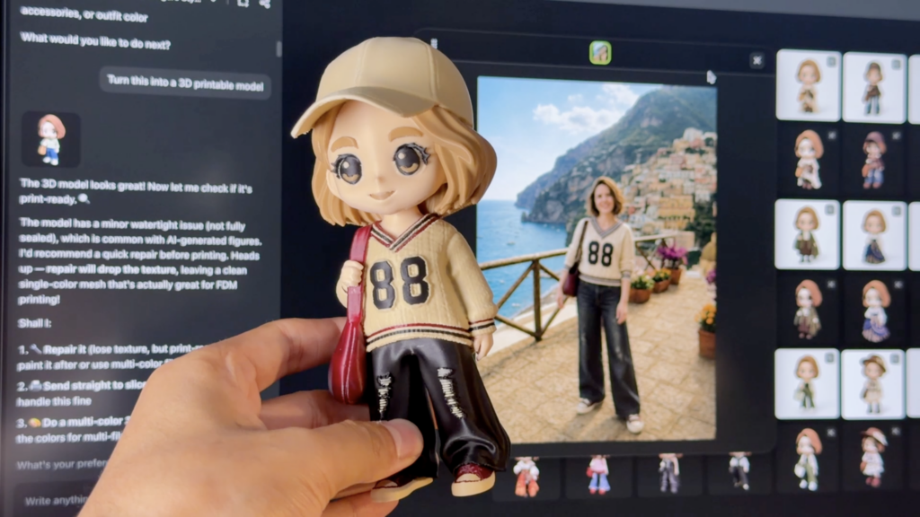 Hand hält eine gedruckte Chibi-Figur einer Frau mit Cap und „88"-Pullover; im Hintergrund ein Bildschirm mit dem Ausgangsfoto und generierten Varianten.