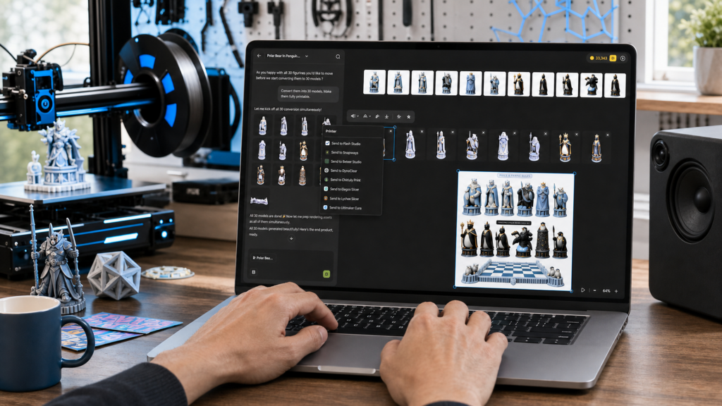 Laptop-Bildschirm zeigt ein 3D-generiertes Schachset aus Bären- und Pinguin-Figuren mit geöffnetem Menü zum Senden an verschiedene Slicer; im Hintergrund ein 3D-Drucker.